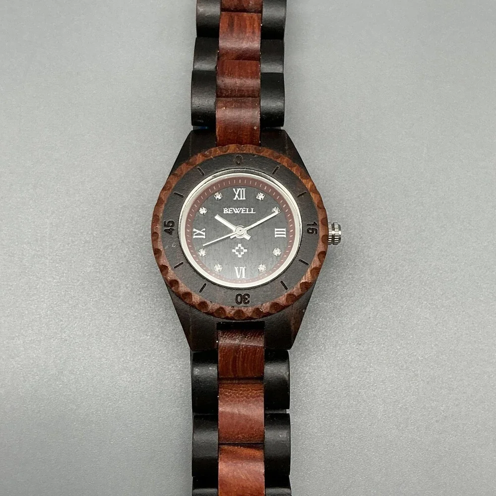 Bewell Womens Watch 31mm Black Dial Wood Bracelet Handcrafted New Battery 7.25